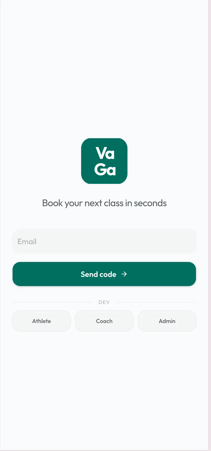Ecrã de início da app Vaga com logótipo e campo de email