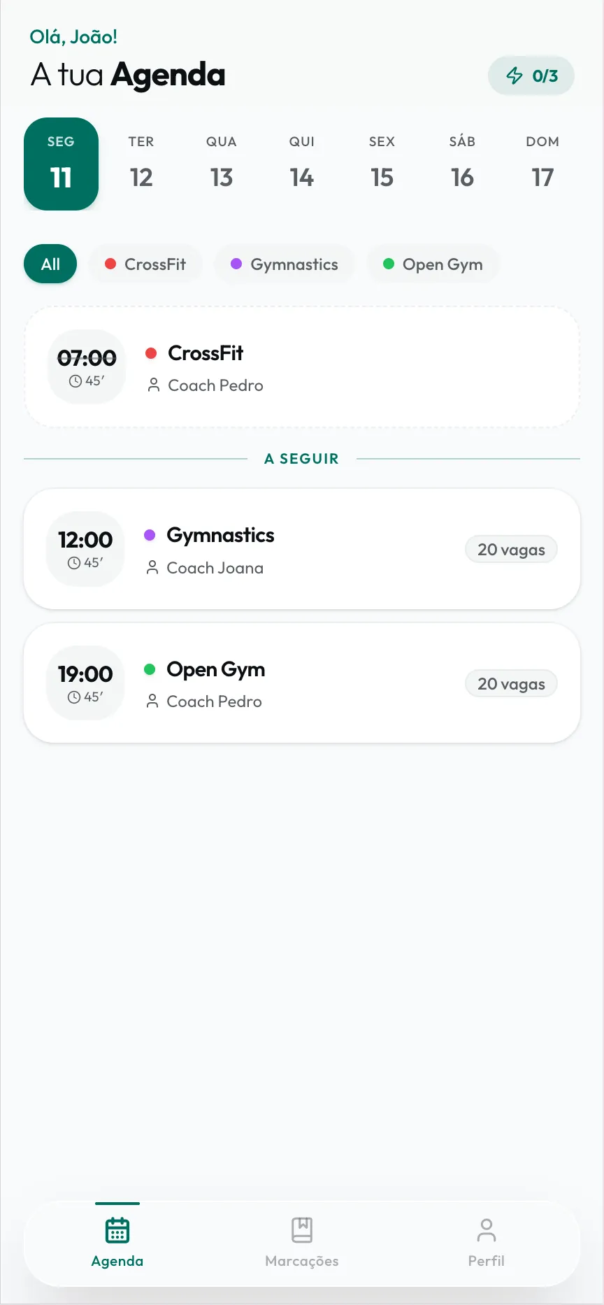 Vista semanal da agenda com blocos de CrossFit, Ginástica e Open Gym