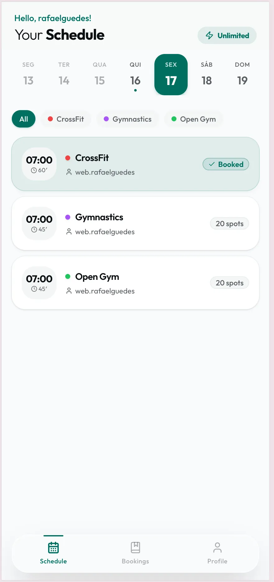 Vista semanal da agenda com blocos de CrossFit, Gymnastics e Open Gym